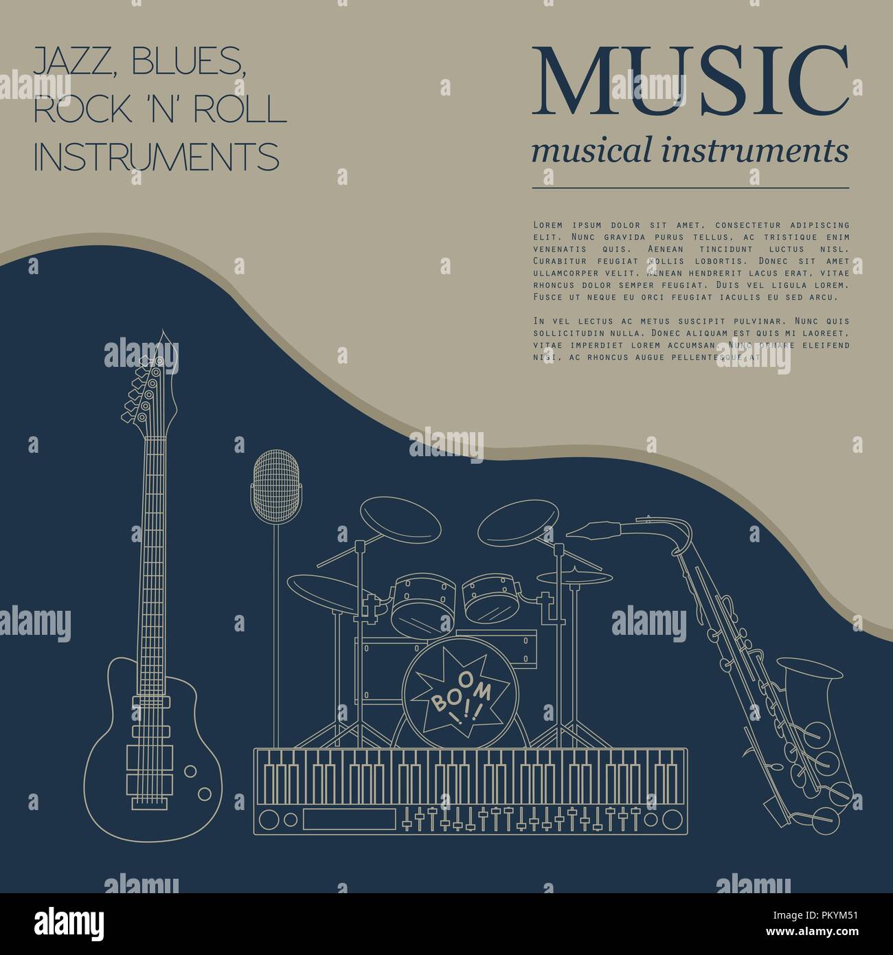 Musical instruments graphic template.Jazz, blues, rock`n`roll band
